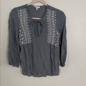 Lucky Brand Embroidered Tie-Neck Peasant Blouse - Slate Gray